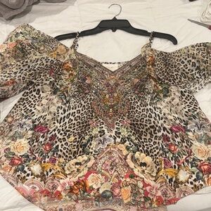 Camilla Multicolor Floral & Leopard Off-Shoulder Beaded Blouse